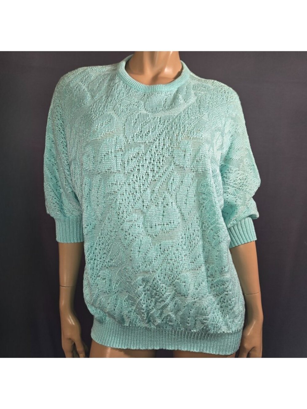 Vintage 80s Deadstock Aqua Turquoise Glitter Sweater Size m Dolman Sleeves